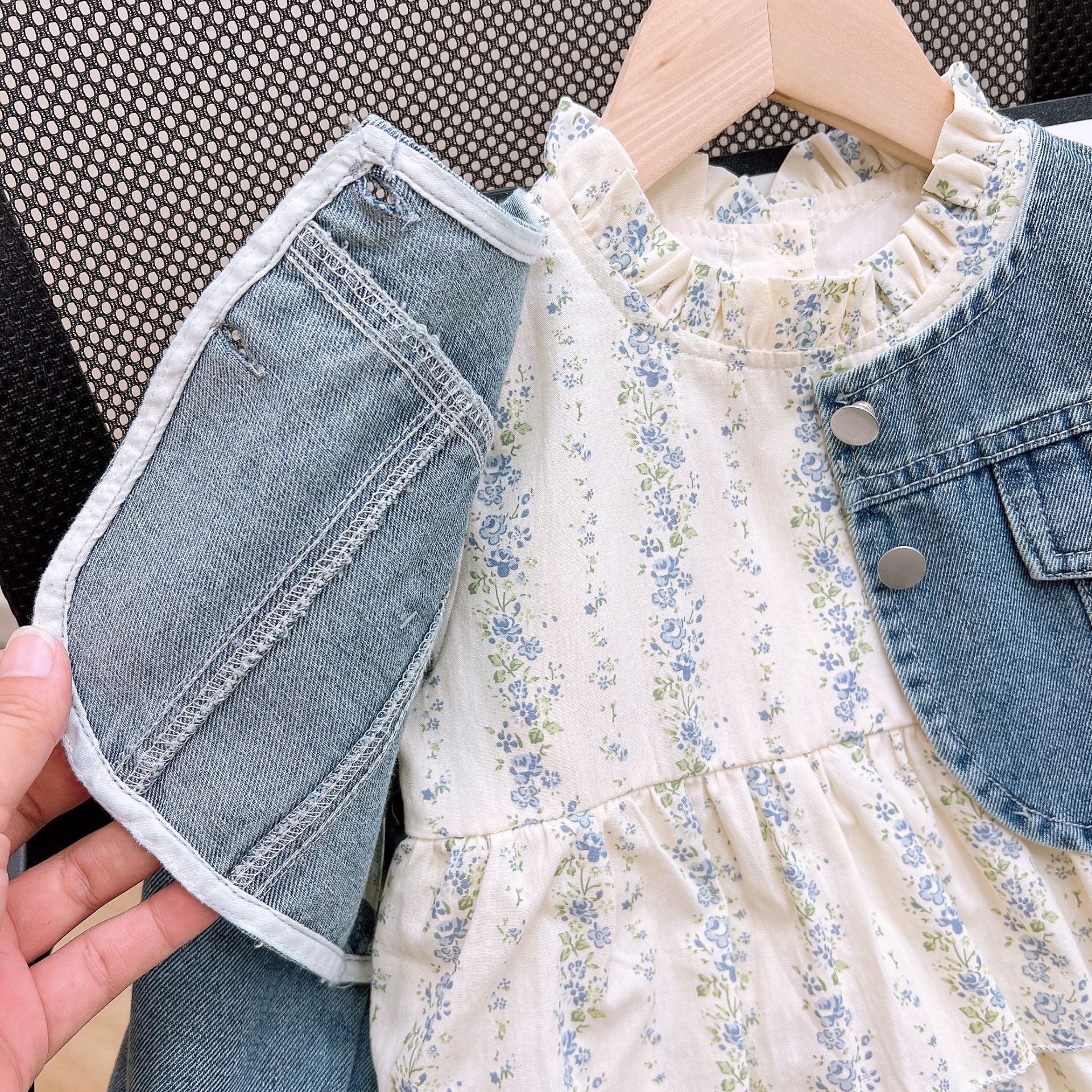 [363826] - Setelan 2 In 1 Baju Dress Jaket Denim Lengan Panjang Fashion Anak Perempuan - Motif Flower Denim