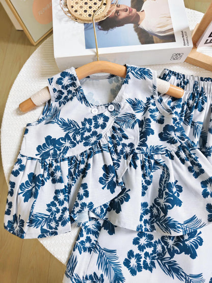 [363736] - Setelan Baju Crop Top Tanpa Lengan Celana Panjang Fashion Anak Perempuan - Motif Floral Leaf