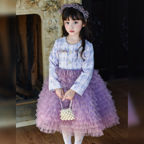 [363927] - Baju Dress Gaun Purple Lengan Panjang Fashion Anak Perempuan Cewek - Motif Pearl Ribbon - BABYHOKI STORE
