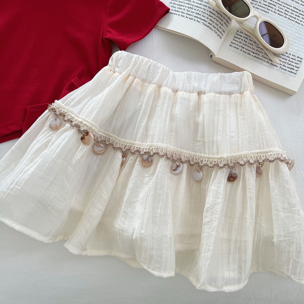 [963102] - One Set 2in1 Baju Setelan Atasan Kaos Strappy Lengan Pendek Bawahan Celana Rok Pendek Fashion Anak Perempuan Cewek - Motif Neck Accents Trinkets - BABYHOKI STORE