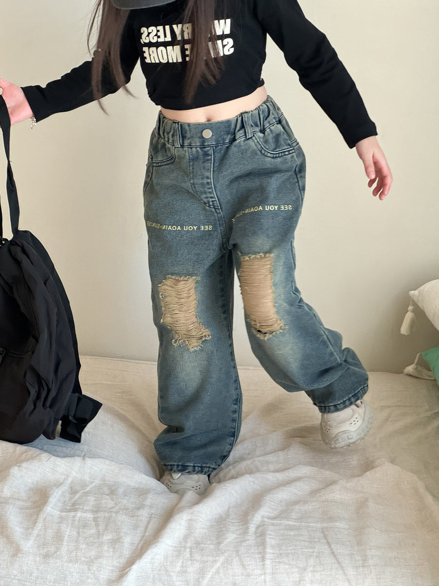 [5071076] - Bawahan Celana Panjang Kulot Jeans Sobek Fashion Anak Perempuan Cewek - Motif Retro Denim - BABYHOKI STORE