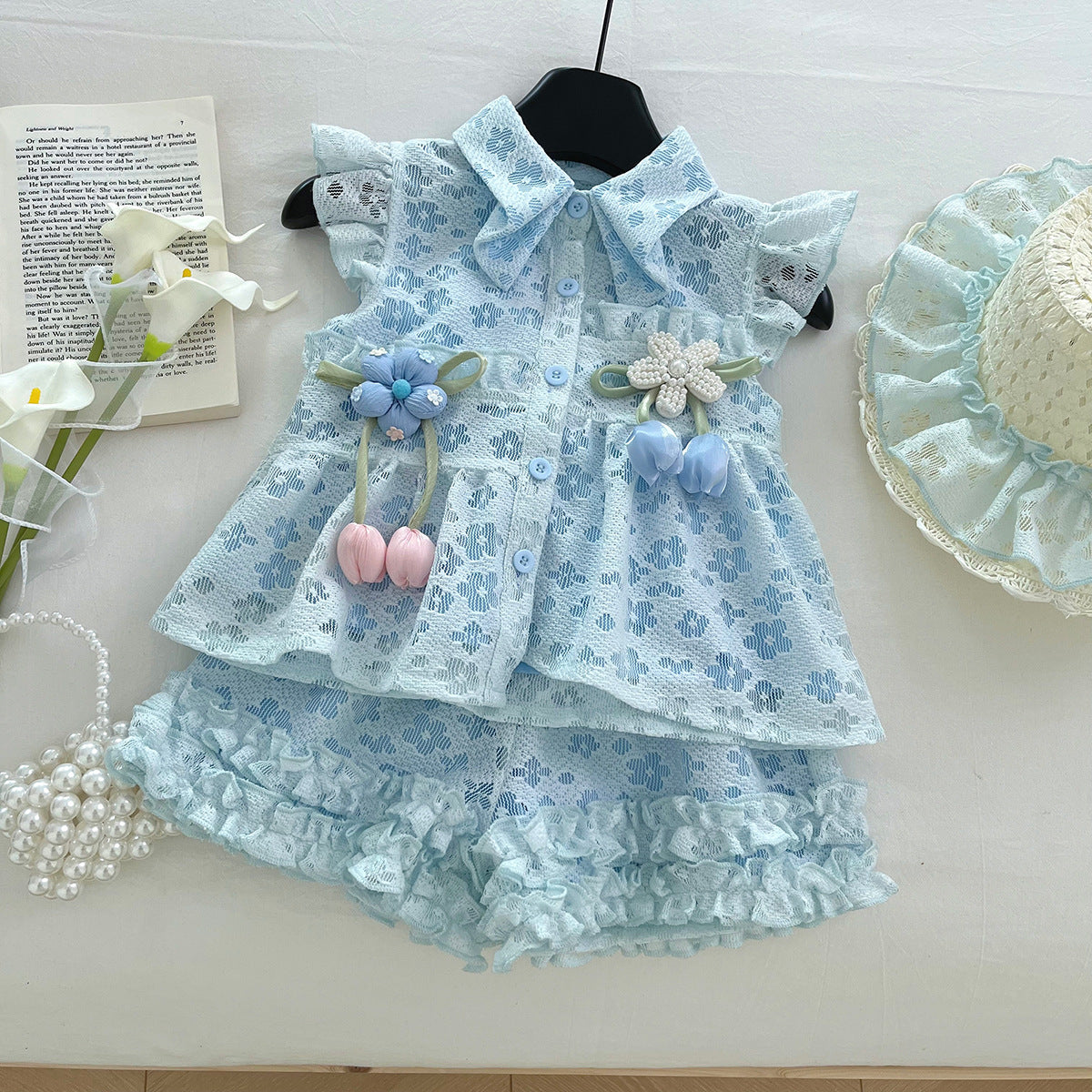 [963161] - One Set 2in1 Baju Setelan Atasan Blouse Lengan Kutung Bawahan Celana Pendek Korean Version Style Anak Perempuan Cewek - Motif Flower - BABYHOKI STORE - BABYHOKI STORE