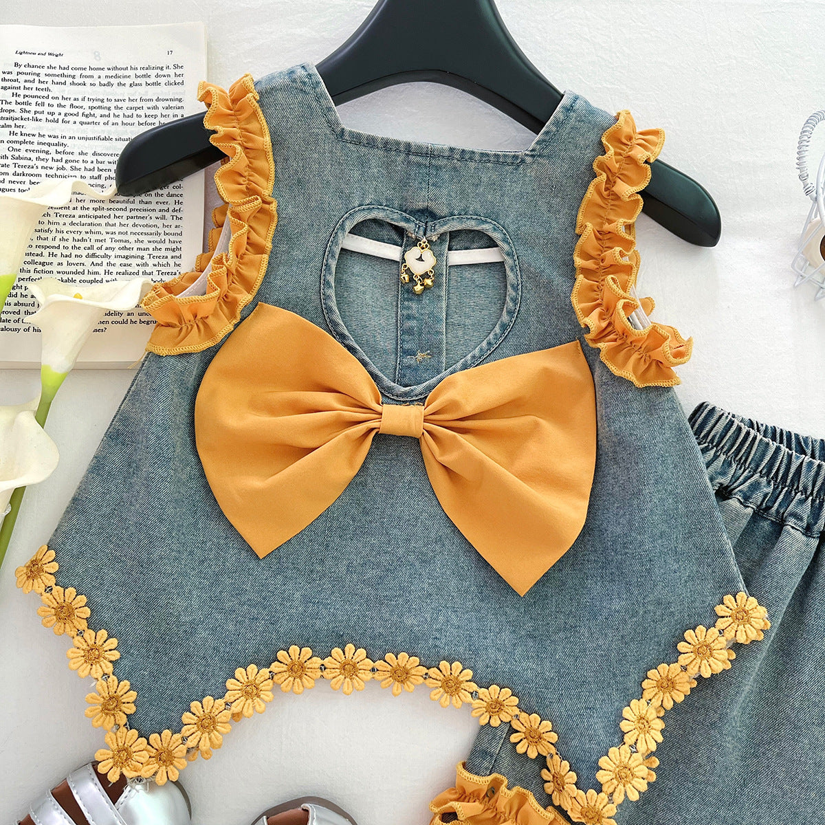 [963162] - One Set 2in1 Baju Setelan Atasan Lengan Kutung Bawahan Celana Pendek Korean Version Style  Anak Perempuan Cewek - Motif Bow Yellow Flower  - BABYHOKI STORE - BABYHOKI STORE