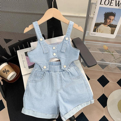 [363760] - Setelan 3 In 1 Baju Atasan Rompi Celana Pendek Jeans Fashion Anak Perempuan - Motif Denim Stripe