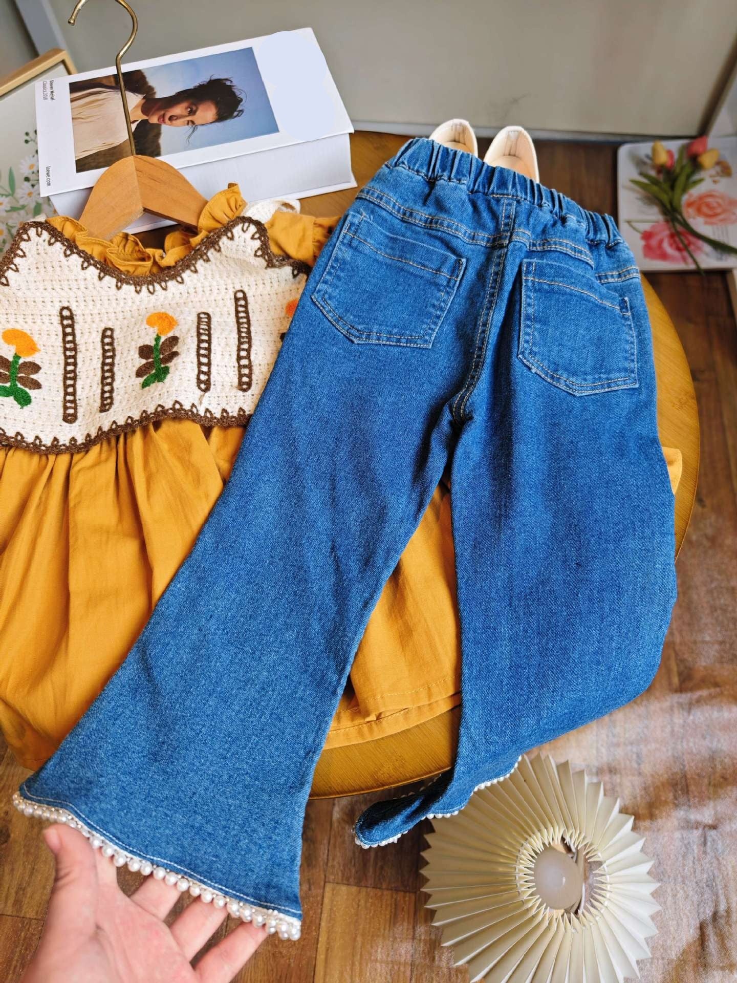 [363717] - Baju Setelan Blouse Rompi Celana Jeans Panjang Fashion Anak Perempuan - Motif Knit Plant