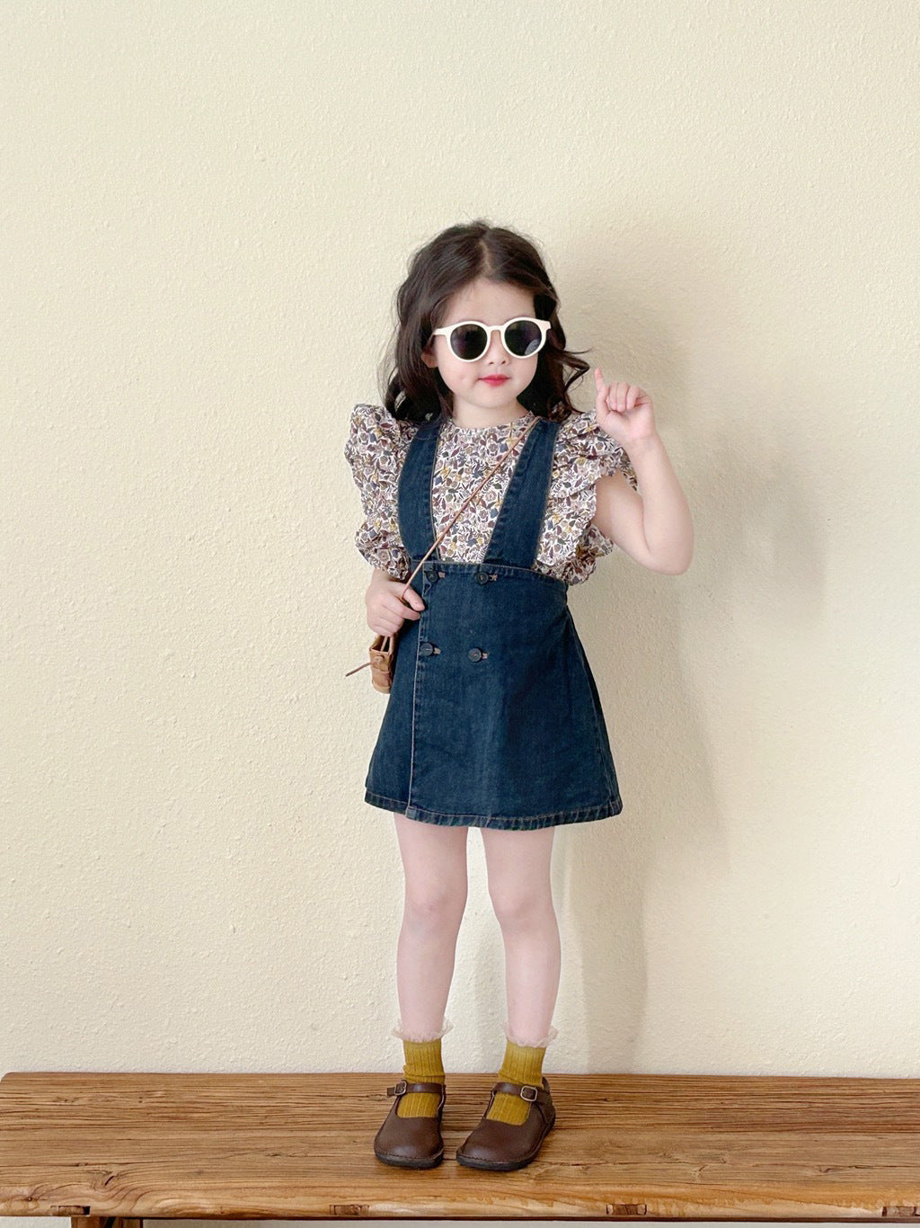 [5071033] - Baju Setelan Blouse Kutung Bawahan Overall Pendek Fashion Anak Perempuan - Motif Denim Floral