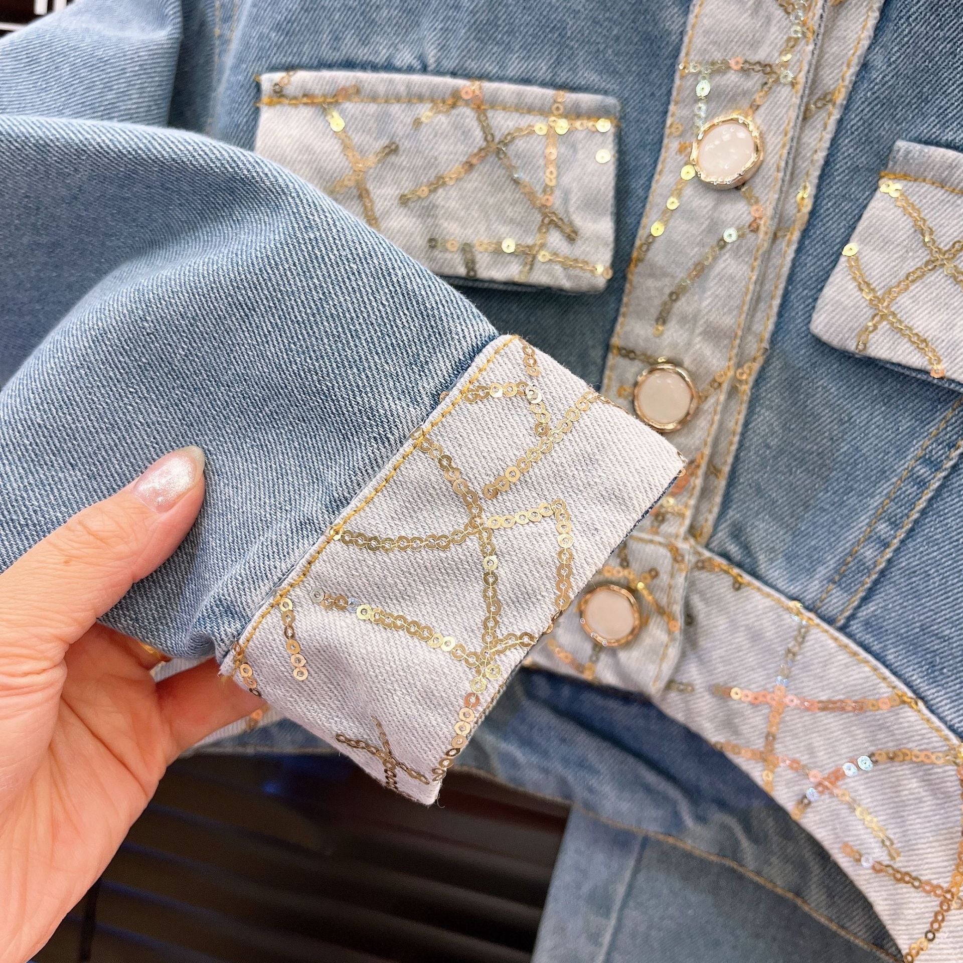 [363897] - One Set 2in1 Baju Setelan Atasan Lengan Panjang Denim Bawahan Celana Panjang Denim Fashion Anak Perempuan - Motif Round Jewelry - BABYHOKI STORE