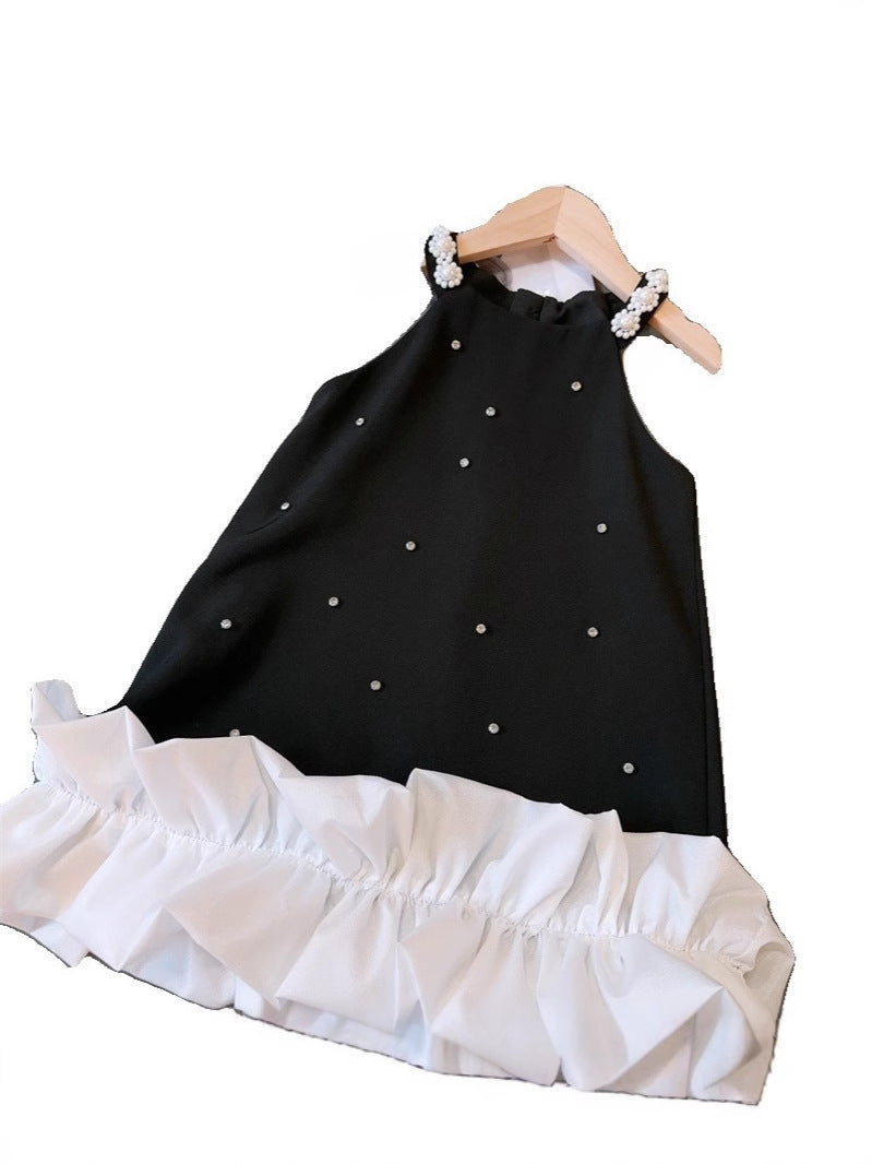 [5071109] - Baju Dress Gaun Pesta Black Lengan Kutung Korean Style Fashion Anak Perempuan Cewek - Motif Top Pearl Bottom Ruffled - BABYHOKI STORE