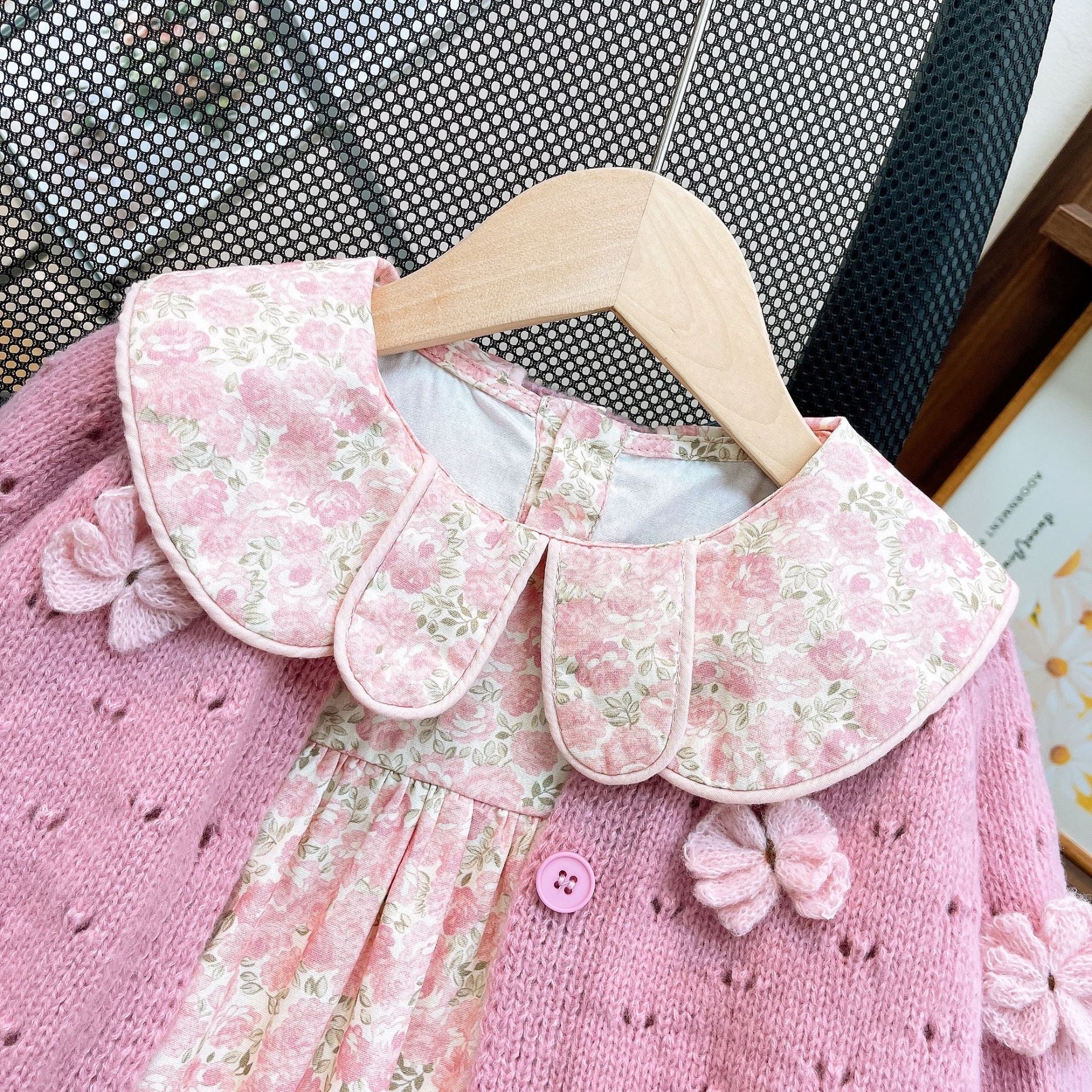 [363819] - Oneset 2in1 Pink Floral Setelan Baju Dress Sweater Rajut Cardigan Knit Lengan Panjang Fashion Anak Perempuan Cewek - Motif Ribbon Butterfly Pink
