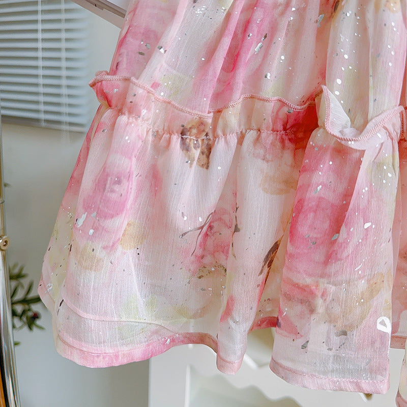[363874] - Gaun Bunga Pink Baju Dress Ruffle Lengan Kutung Fashion Anak Perempuan Cewek - Motif Pink Floral Ruffle