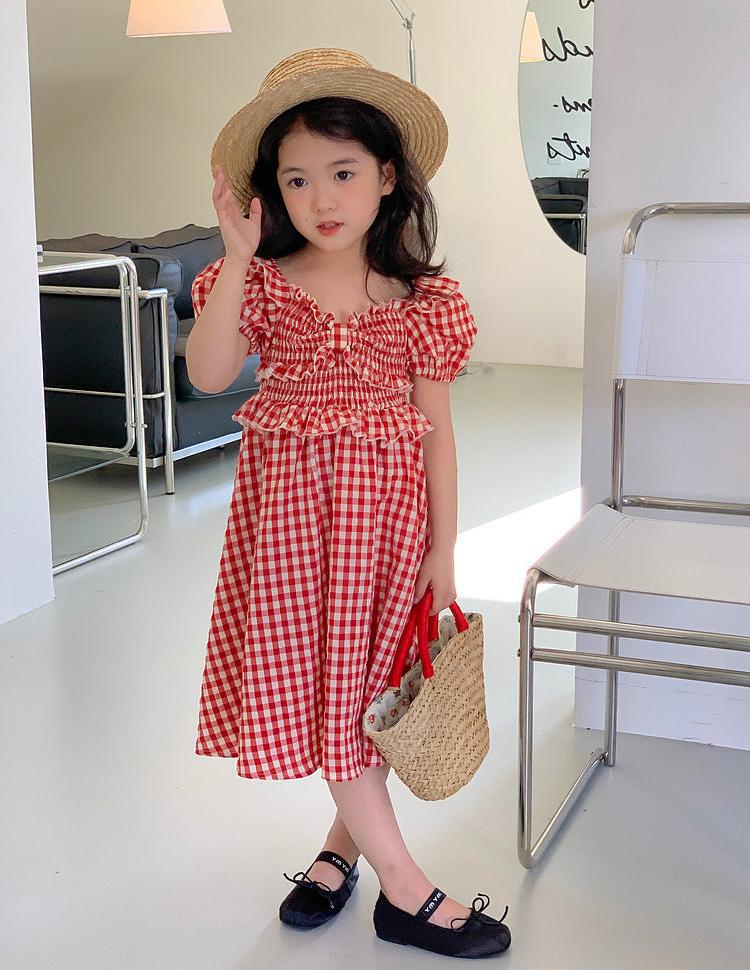 [5071038] - Baju Dress Lengan Pendek Fashion Anak Perempuan - Motif Plaid Wave