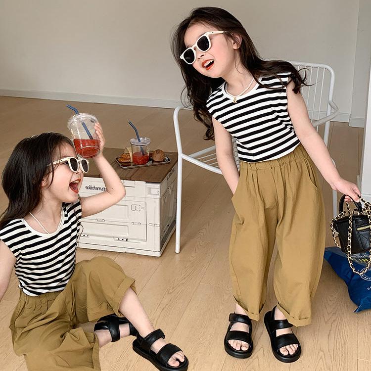 [5071046] - Baju Setelan Tanpa Lengan Celana Chino Panjang Fashion Anak Perempuan - Motif Line Stripe