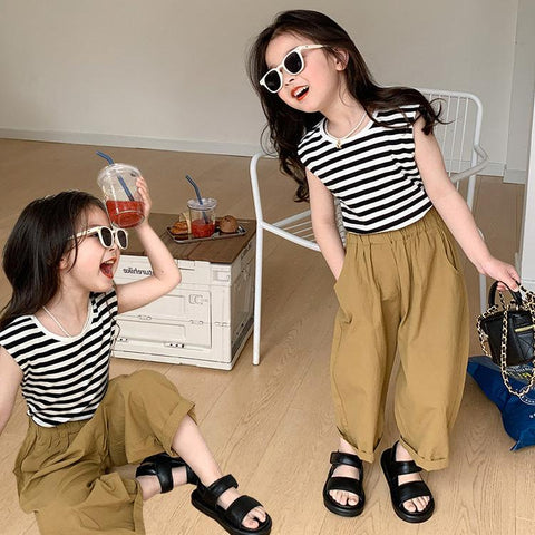 [5071046] - Baju Setelan Tanpa Lengan Celana Chino Panjang Fashion Anak Perempuan - Motif Line Stripe