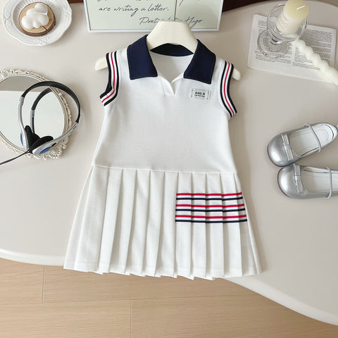 [963235] - Baju Gaun Dress Summer Kerah Polo Lengan Kutung Sporty Korean Style Anak Perempuan Cewek - Motif Color Stripe - BABYHOKI STORE