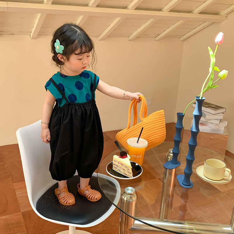 [507S1142] - Setelan Baju Kutung Overall Panjang Fashion Anak Perempuan - Motif Big Polkadot