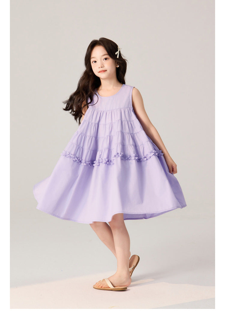 [5071119] - Baju Dress Gaun Purple Lengan Kutung Fashion Trendi Anak Perempuan Cewek - Motif Ruffled - BABYHOKI STORE
