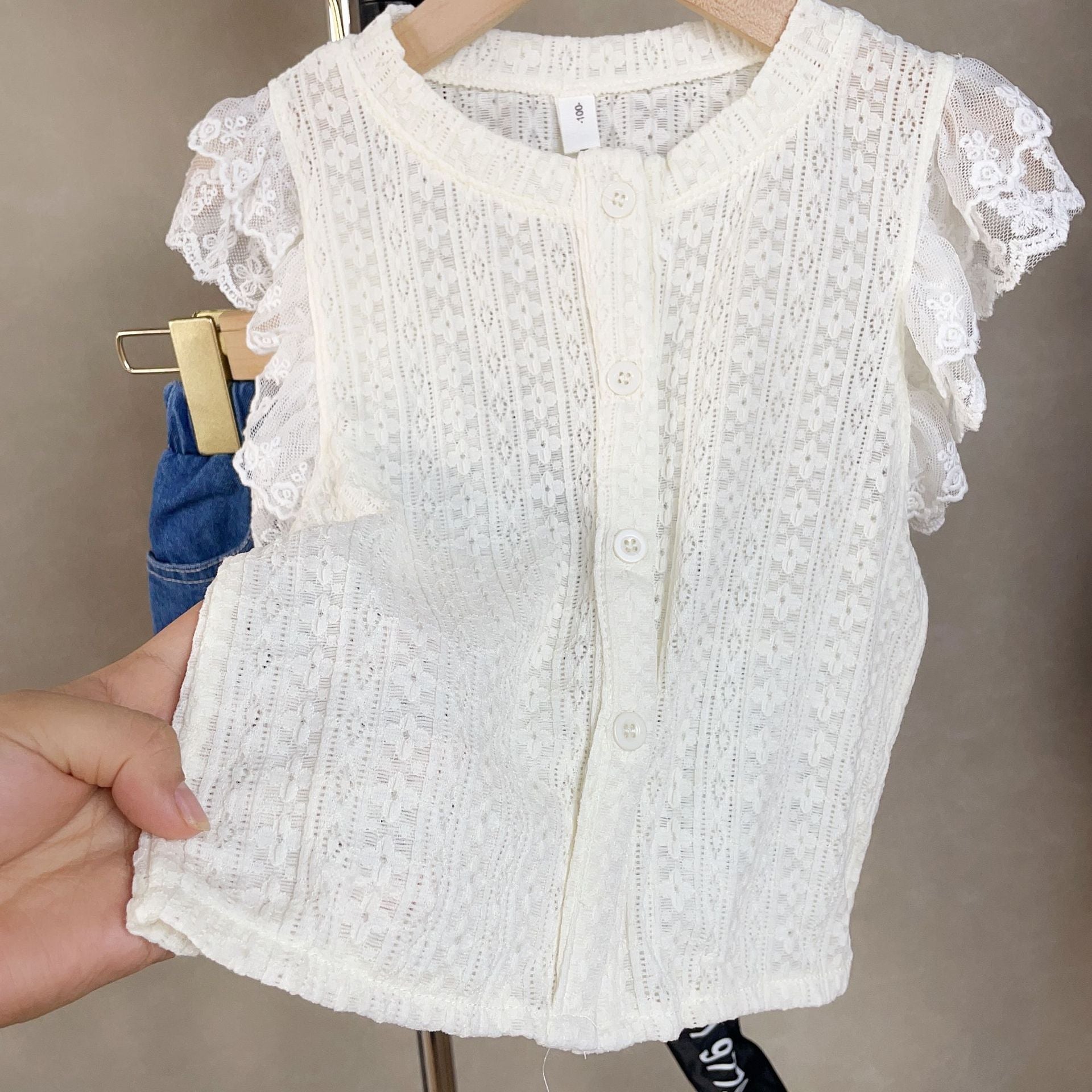 [363647] - Baju Setelan Blouse Kutung Celana Pendek Jeans Fashion Anak Perempuan - Motif Thin Lace