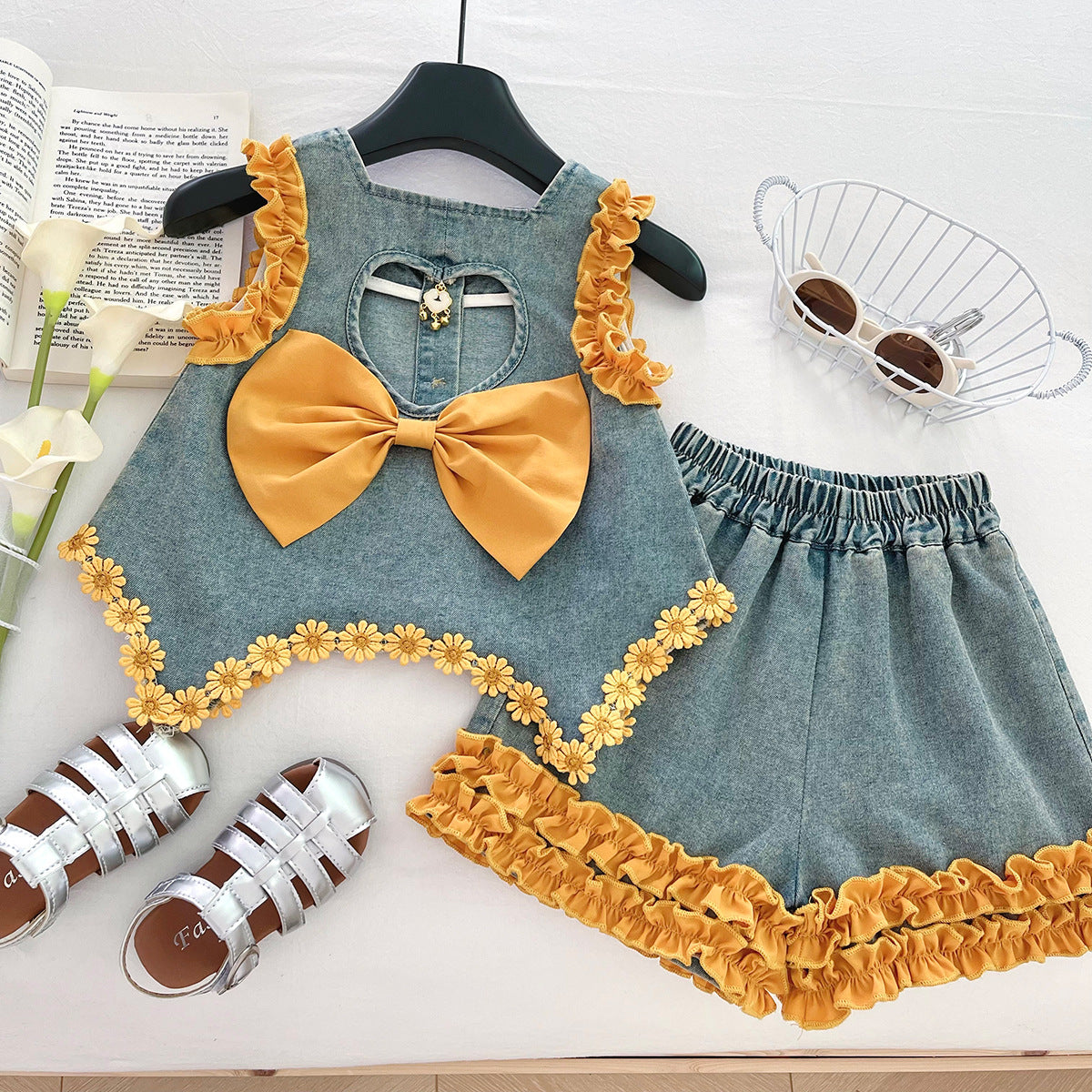 [963162] - One Set 2in1 Baju Setelan Atasan Lengan Kutung Bawahan Celana Pendek Korean Version Style  Anak Perempuan Cewek - Motif Bow Yellow Flower  - BABYHOKI STORE - BABYHOKI STORE