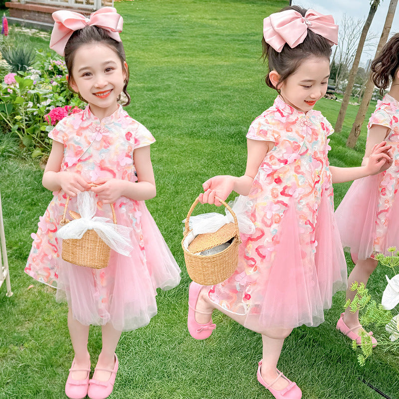 [963270] - Baju Gaun Dress Cheongsam Shanghai Imlek Lengan Kutung Chinese Fashion Anak Perempuan Cewek - Motif Sweet Pink Flower - BABYHOKI STORE