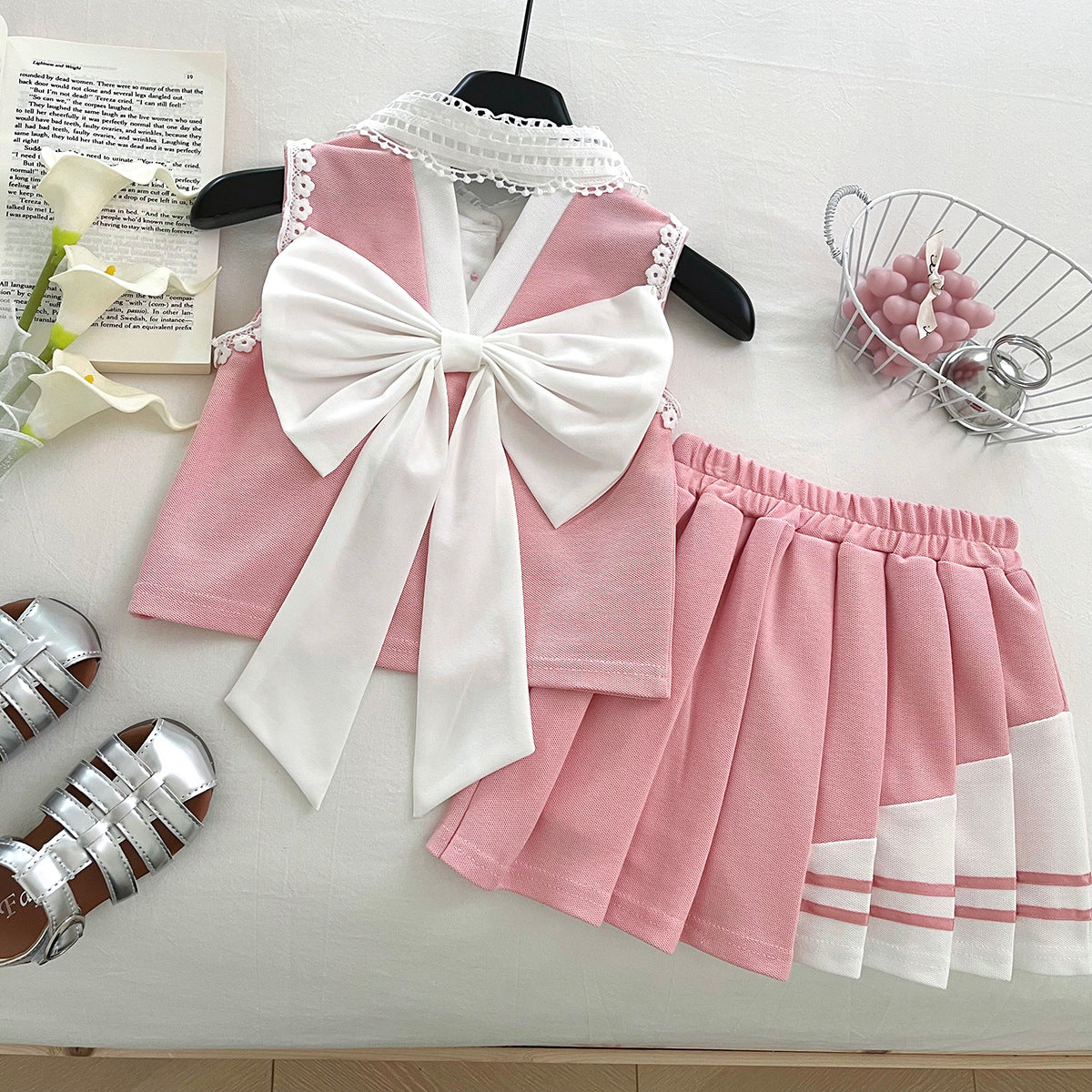 [963184] - One Set 2in1 Baju Setelan Atasan Bekerah Lengan Kutung Bawahan Celana Rok Pendek Plisket Korean Version Style Anak Perempuan Cewek - Motif Tulips - BABYHOKI STORE - BABYHOKI STORE