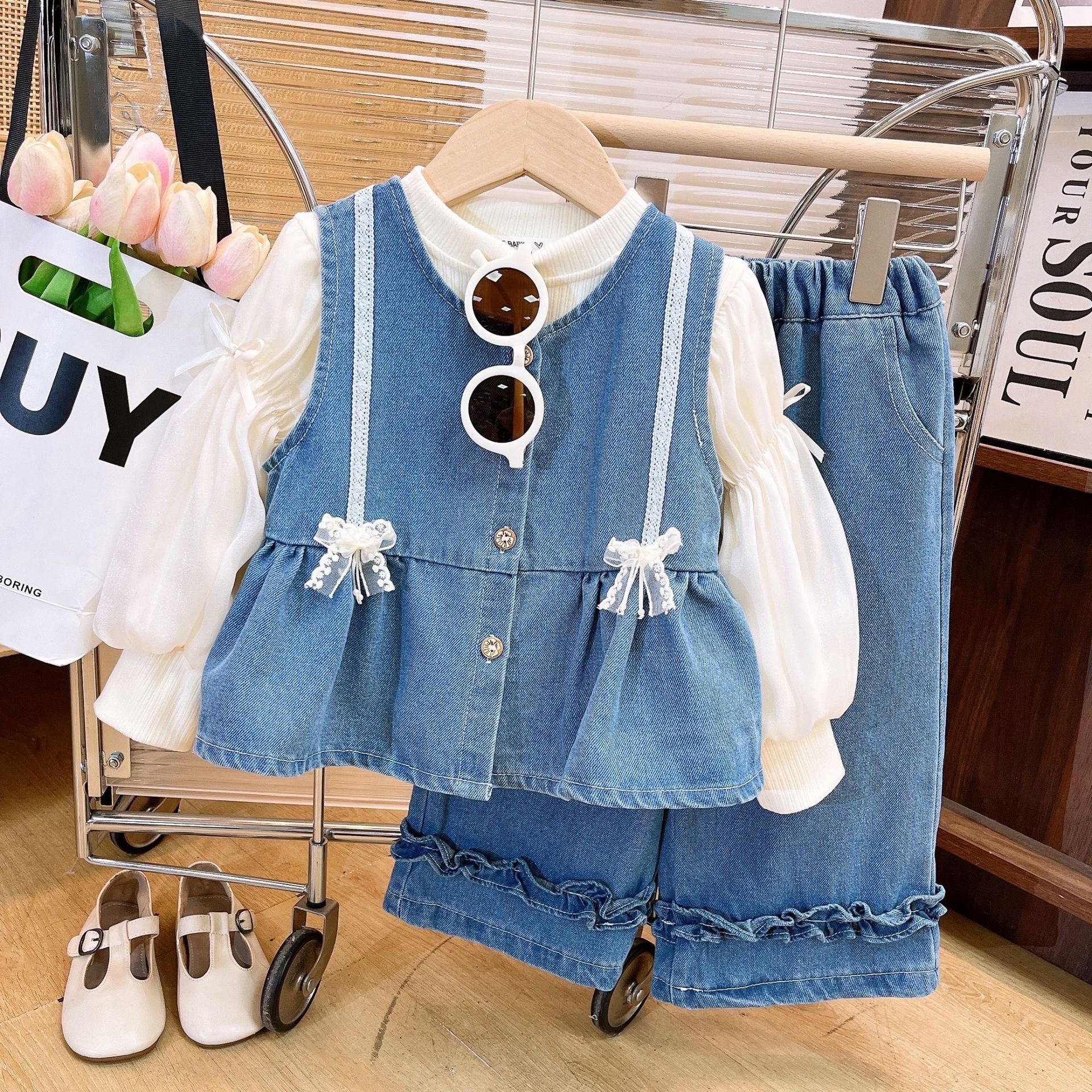 [363919] - One Set 3in1 Baju Setelan Atasan Blouse Lengan Panjang Vest Rompi Kutung Jeans Bawahan Celana Panjang Kulot Fashion Anak Cewek Perempuan - Motif Cute Ribbon - BABYHOKI STORE - BABYHOKI STORE