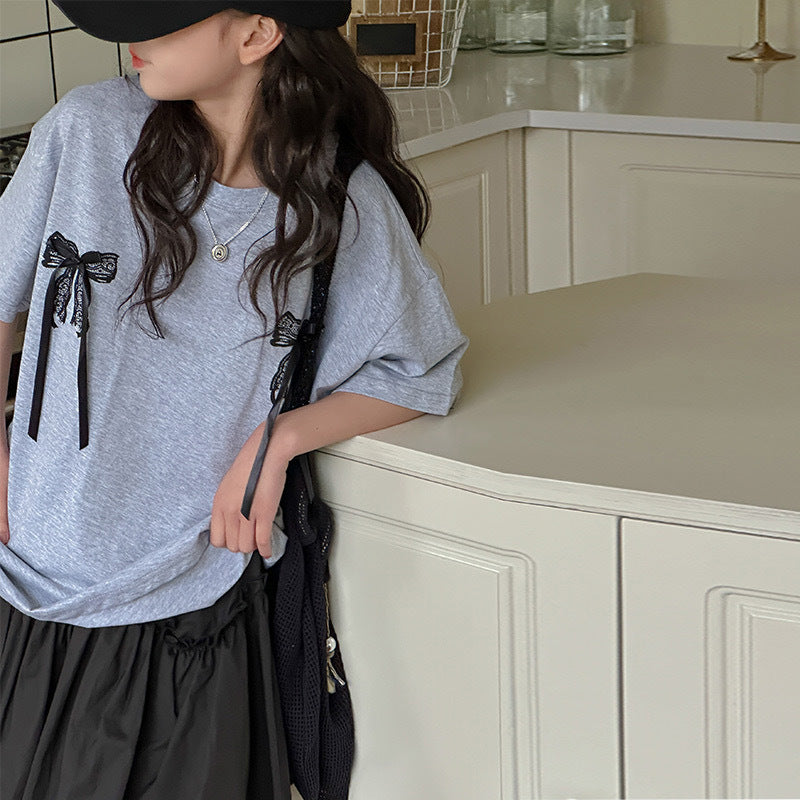 [5071118] - One Set 2in1 Baju Setelan Atasan Kaos Oversize Gray Lengan Pendek Bawahan Rok Pendek Fashion Korean Style Anak Perempuan Cewek - Motif Ribbon Top - BABYHOKI STORE