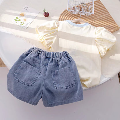 [363725] - Setelan Baju Lengan Pendek Balon Celana Jeans Pendek Fashion Anak Perempuan - Motif Geometry Flower