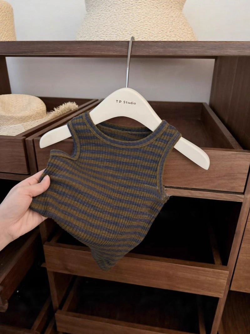 [5071156] - One Set 2in1 Baju Setelan Summer Outfit Atasan Kaos Lengan Kutung Bawahan Overall Pendek Comfort Fashion Style Anak Perempuan Cewek - Motif Top Color Stripe - BABYHOKI STORE