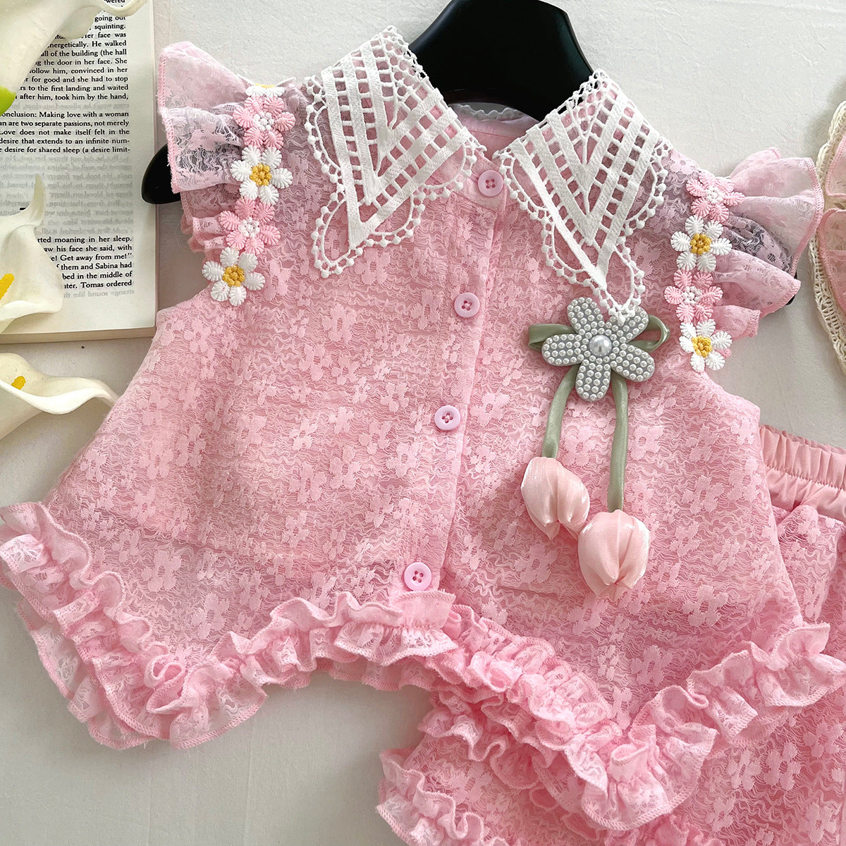 [963114] - One Set 2in1 Baju Setelan Atasan Blouse Kerah Lengan Kutung Bawahan Celana Pendek Comfort Fashion Style Anak Perempuan Cewek - Motif Flower 3D - BABYHOKI STORE