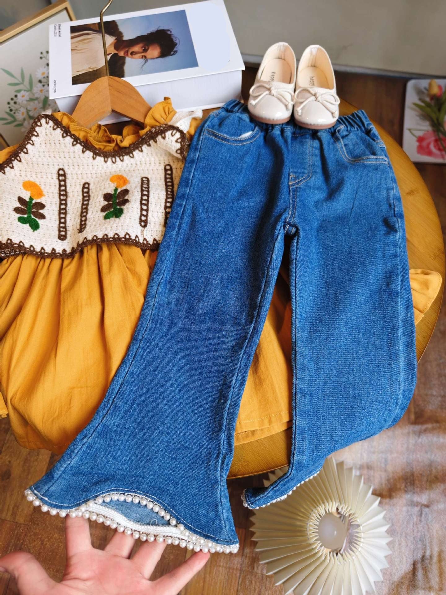 [363717] - Baju Setelan Blouse Rompi Celana Jeans Panjang Fashion Anak Perempuan - Motif Knit Plant