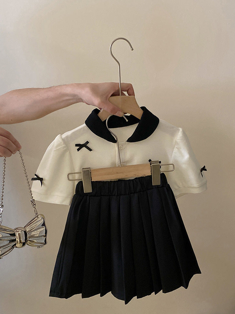 [5071101] - One Set 2in1 Baju Setelan Atasan Bow Lengan Pendek Bawahan Celana Rok Pendek Hitam Plisket Fashion Korean Style Anak Perempuan Cewek - Motif Cute Top Bow - BABYHOKI STORE