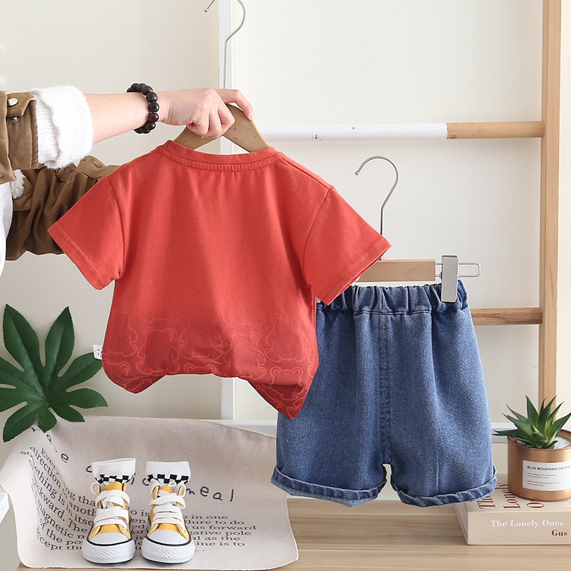 [345503] - One Set 2in1 Baju Setelan Summer Outfit Atasan Koas Lengan Pendek Bawahan Celana Pendek Jeans Fashionable Anak Cowok Laki-Laki - Motif Animal Pictures - BABYHOKI STORE - BABYHOKI STORE