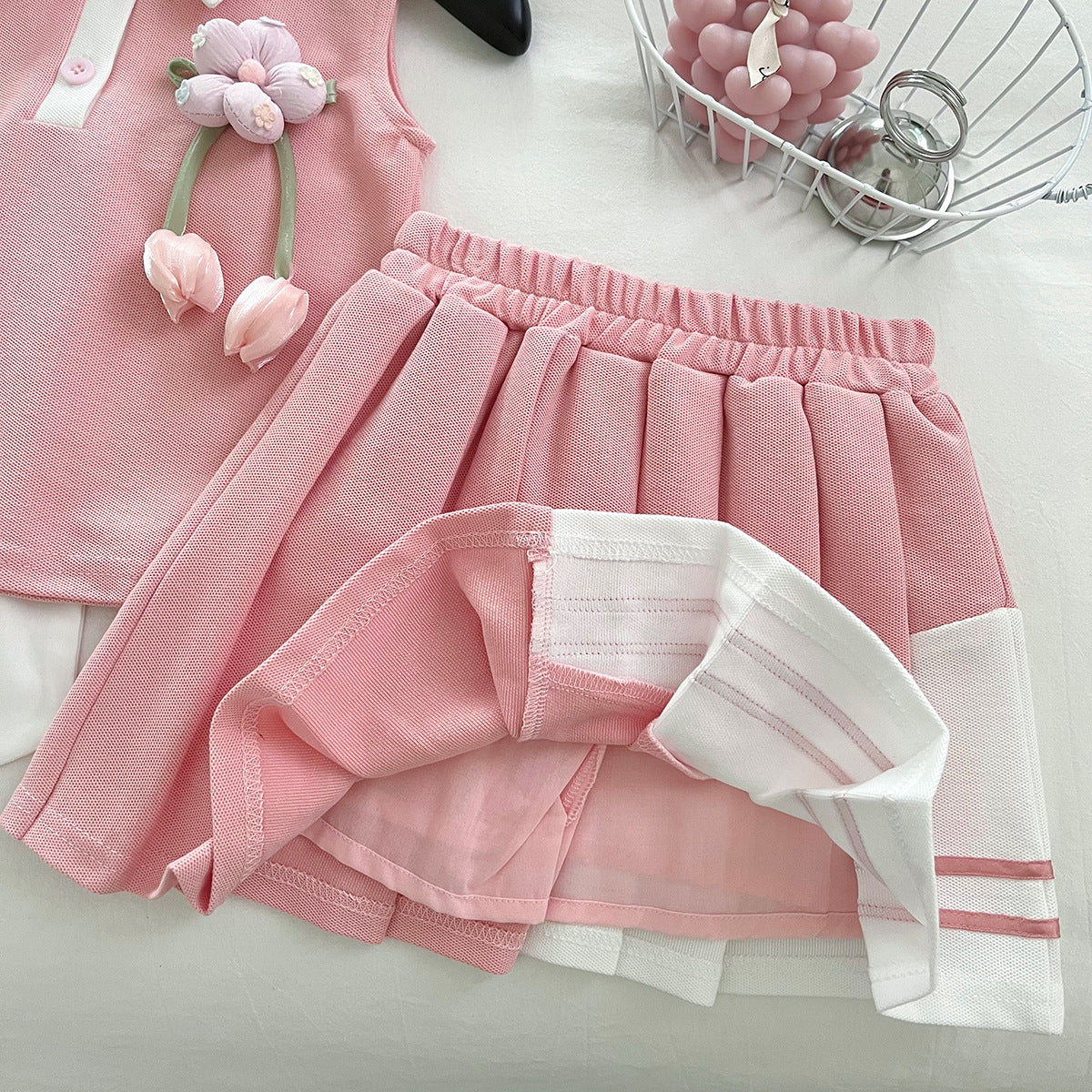 [963192] - One Set 2in1 Baju Setelan Atasan Berkerah Lengan Kutung Bawahan Celana Rok Pendek Anak Perempuan Cewek - Motif Bow & Flower - BABYHOKI STORE - BABYHOKI STORE