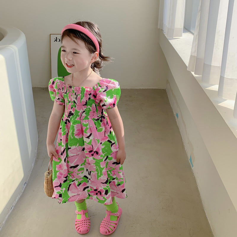 [507S1111] - Baju Dress Lengan Pendek Fashion Anak Perempuan - Motif Flower Bloom