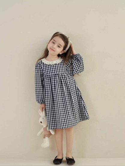 [5071052] - Baju Dress Lengan Panjang Fashion Anak Perempuan - Motif Gingham Plaid