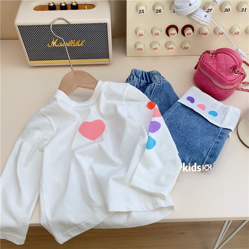 [363660] - Setelan 3in1 Oneset Cewek Baju Kodok Celana Jeans Anak Perempuan Fashion - Motif Colorful Heart