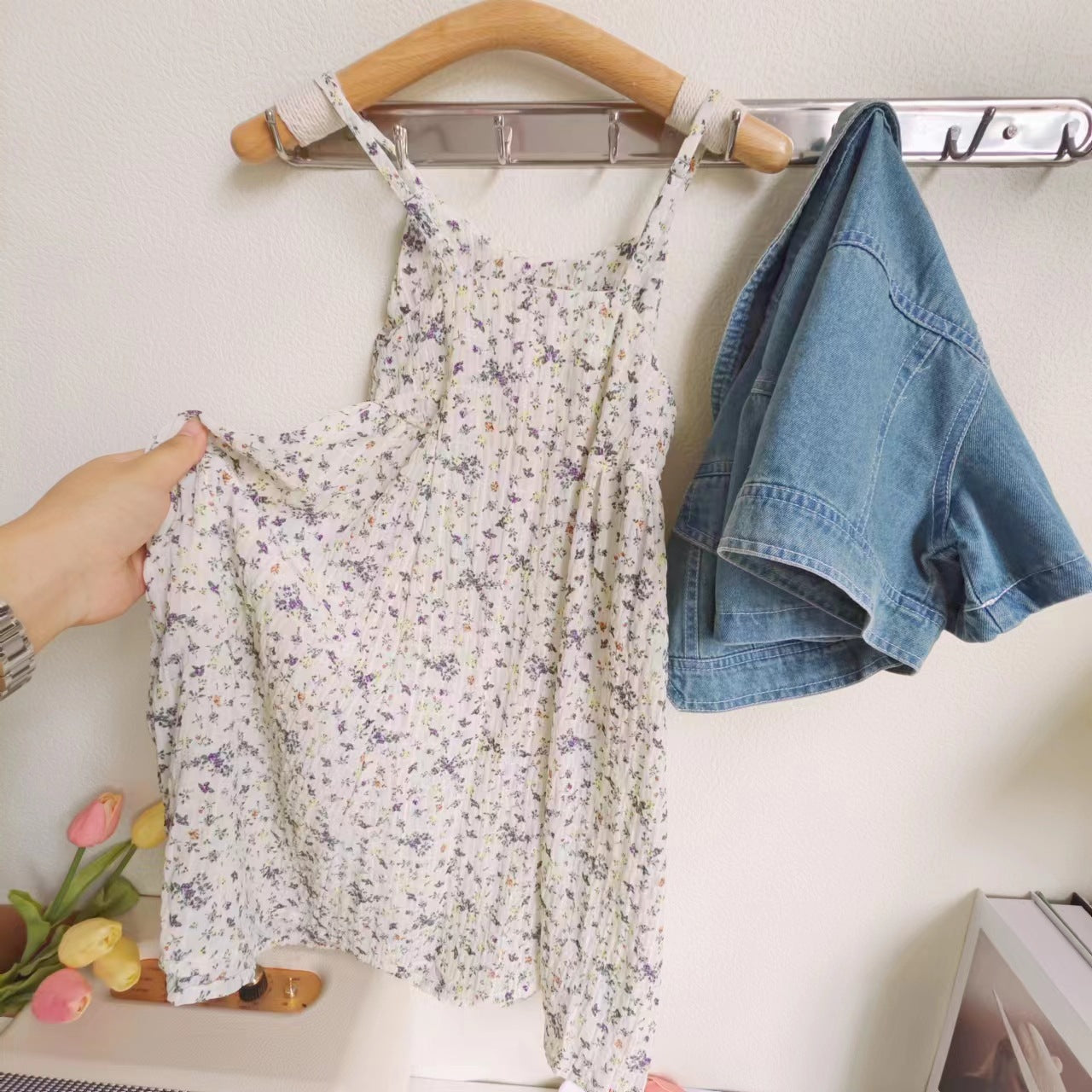 [363680] - Baju Setelan Jaket Jeans Crop Inner Dress Fashion Anak Perempuan - Motif Edge Flower