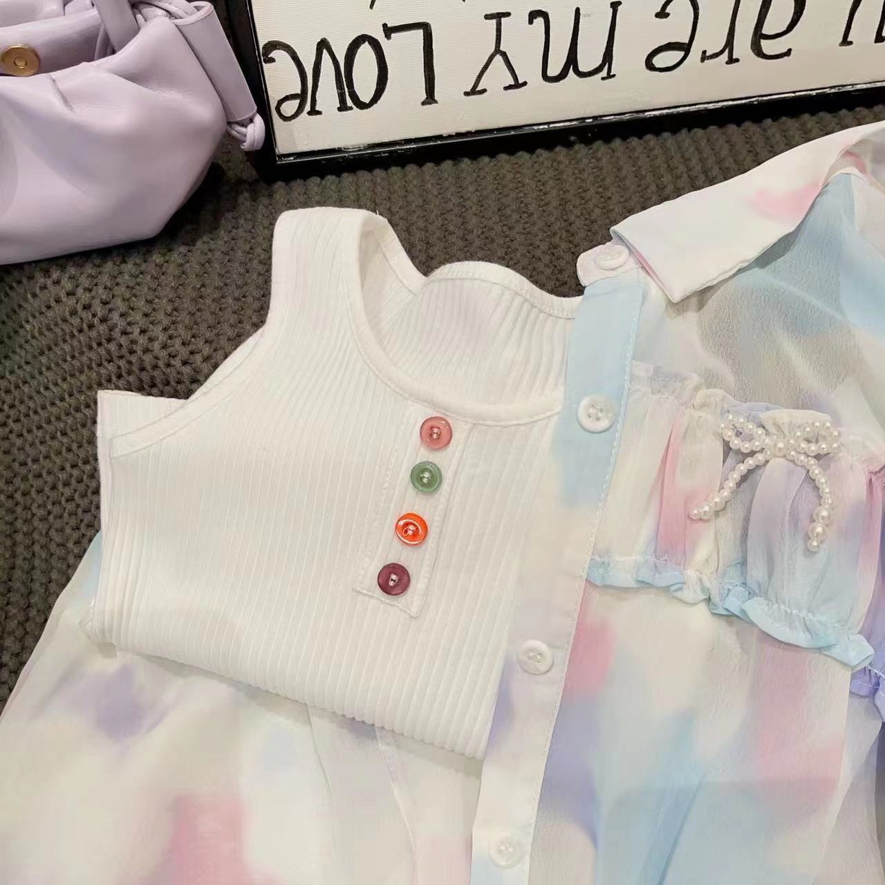 [963146] - One Set 3in1 Baju Setelan Outer Kemeja Lengan Panjang Baawahan Celana Pendek Korean Version Style Anak Perempuan Cewek - Motif Gradient Color-Blocked - BABYHOKI STORE - BABYHOKI STORE