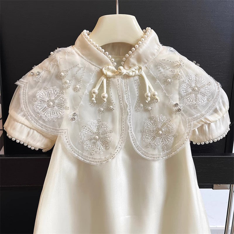 [963296] - Baju Gaun Dress Cheongsam Shanghai Imlek Lengan Pendek Korean Version Style Anak Perempuan Cewek - Motif Pearl Flower - BABYHOKI STORE