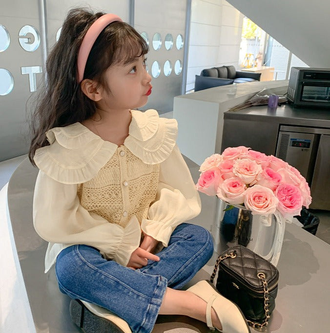[363697] - Setelan Baju Blouse Rajut Lace Celana Jeans Panjang Fashion Anak Perempuan - Motif Lace Knit