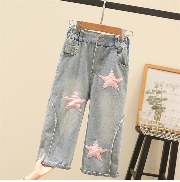 [363728] - Setelan Atasan Baju Crop Top Celana Jeans Fashion Anak Perempuan - Motif Star Wavy