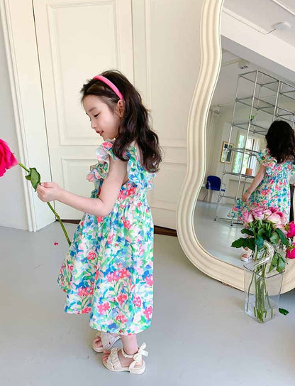 [507988] - Baju Dress Lengan Kutung Anak Perempuan Import Fashion - Motif Colorful Flower