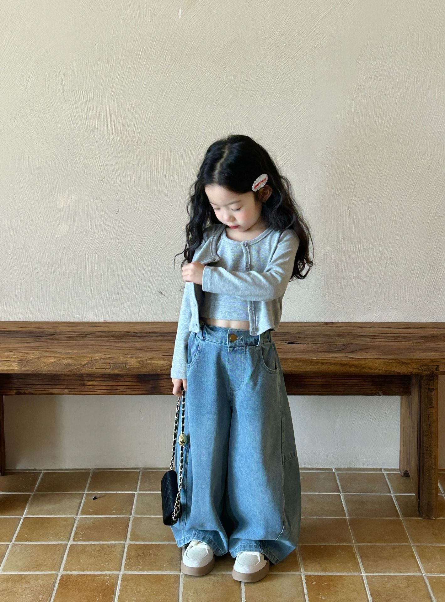 [363932] - One Set 3in1 Baju Setelan Atasan Cardigan Vest Lengan Panjang Bawahan Celana Panjang Kulot Jeans Korean Fashion Anak Cewek Perempuan - Motif Solid Color Top - BABYHOKI STORE