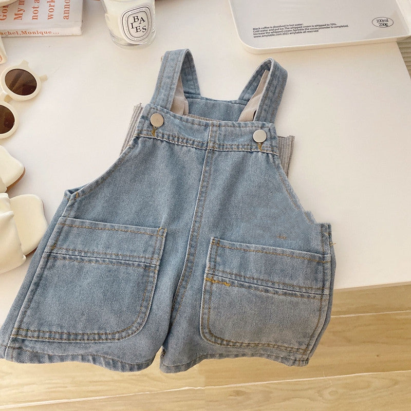 [363634] - Setelan Baju Crop Overall Jeans Import Anak Perempuan - Motif Glace Casual