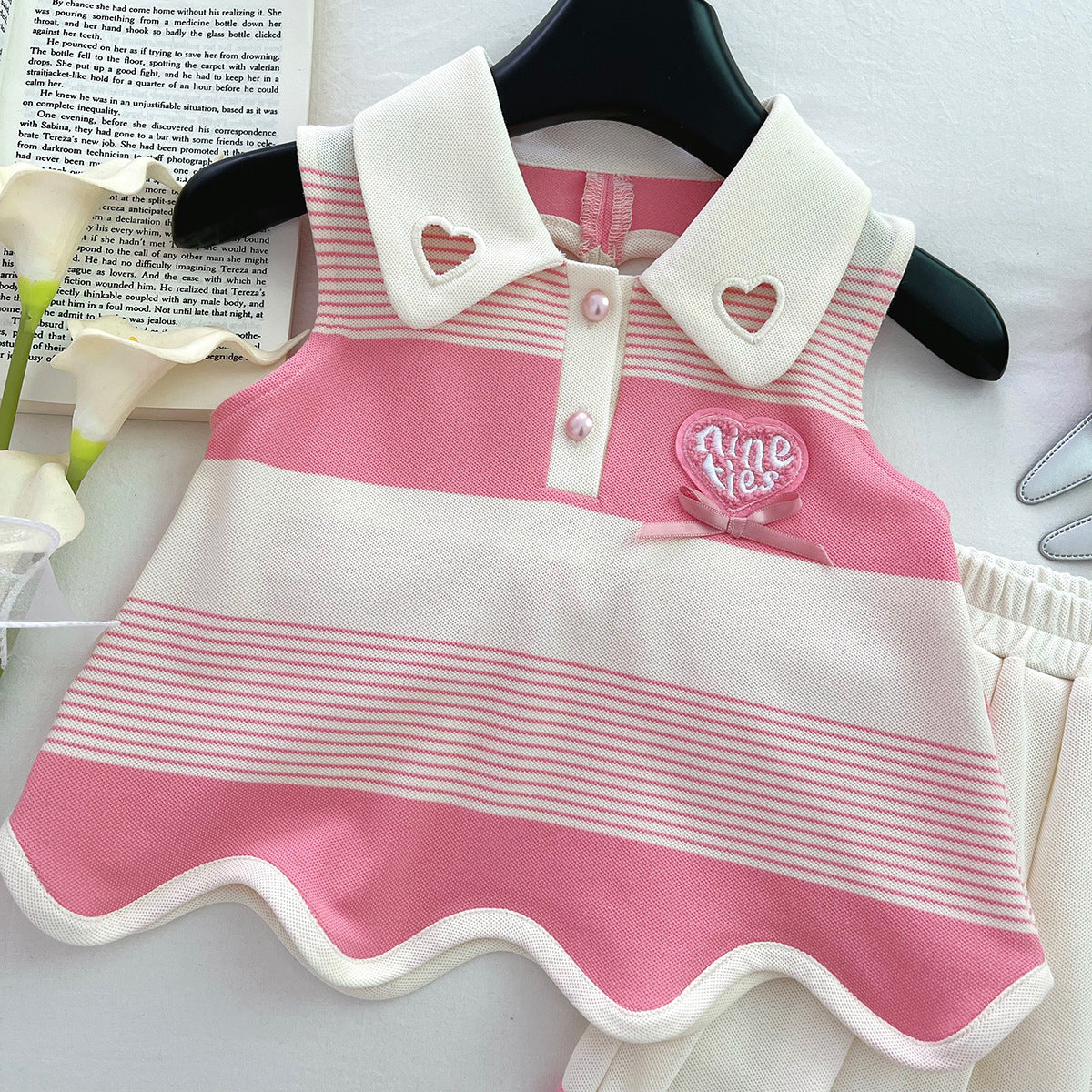 [963113] - One Set 2in1 Baju Setelan Atasan Kaos Berkerah Lengan Kutung Bawahan Celana Rok Pendek Casual Fashion Anak Perempuan Cewek - Motif Love Striped Color - BABYHOKI STORE