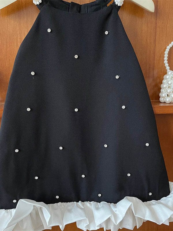 [5071109] - Baju Dress Gaun Pesta Black Lengan Kutung Korean Style Fashion Anak Perempuan Cewek - Motif Top Pearl Bottom Ruffled - BABYHOKI STORE