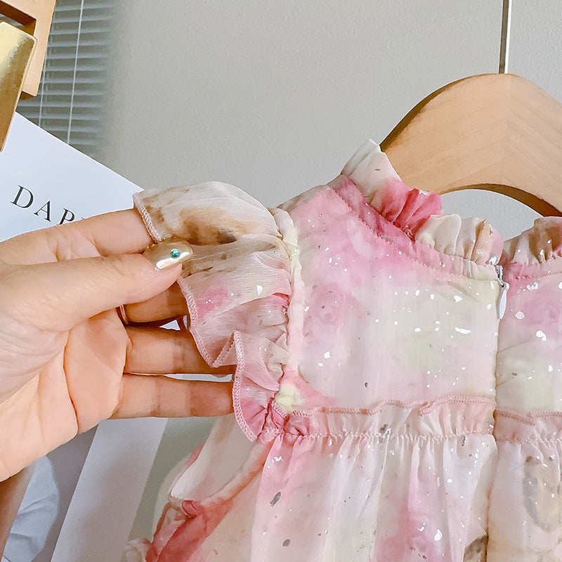 [363874] - Gaun Bunga Pink Baju Dress Ruffle Lengan Kutung Fashion Anak Perempuan Cewek - Motif Pink Floral Ruffle