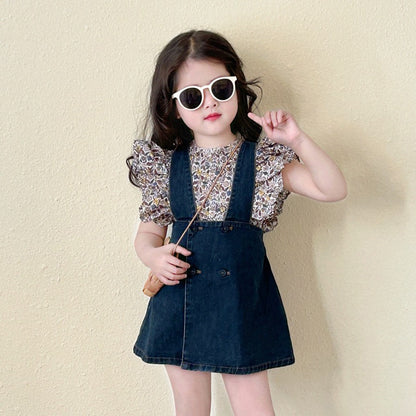 [5071033] - Baju Setelan Blouse Kutung Bawahan Overall Pendek Fashion Anak Perempuan - Motif Denim Floral