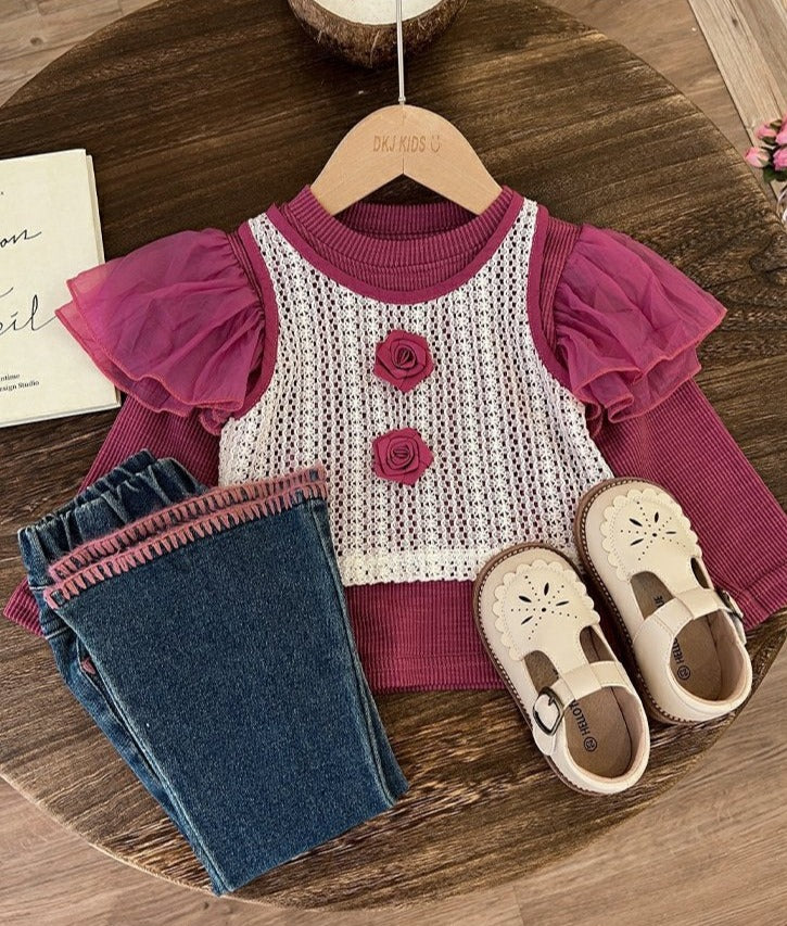 [363705] - Oneset 3in1 Anak Cewek Korea Setelan Baju Lengan Balon Rompi Rajut Celana Jeans Fashion Anak Cewek - Motif Knit Bloom
