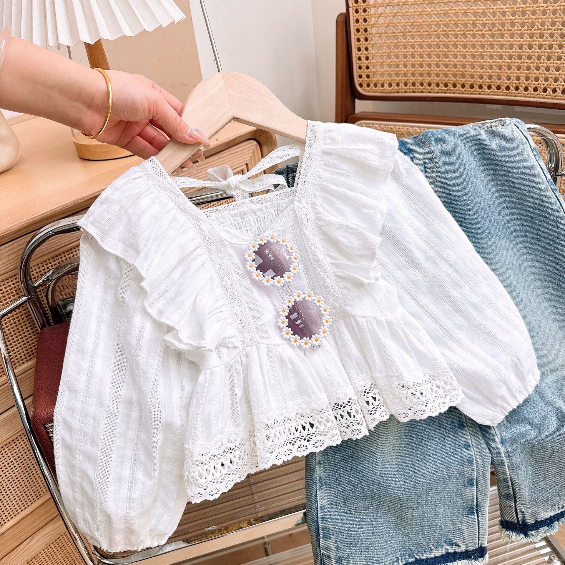 [363751] - Setelan Baju Blouse Lengan Panjang Celana Panjang Jeans Fashion Anak Perempuan - Motif Soft Lace